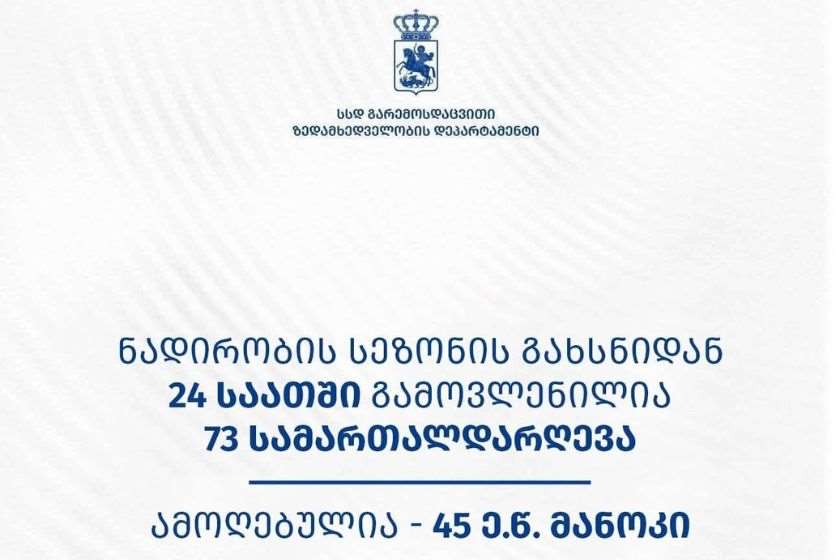 გარემოსდაცვითი ზედამხედველობის დეპარტამენტმა ნადირობის სეზონის გახსნიდან 24 საათში 73 სამართალდარღვევა გამოავლინა