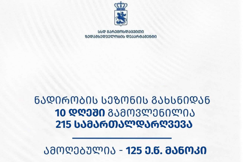გარემოსდაცვითი ზედამხედველობის დეპარტამენტმა ნადირობის სეზონის გახსნიდან 10 დღეში 215 სამართალდარღვევა გამოავლინა