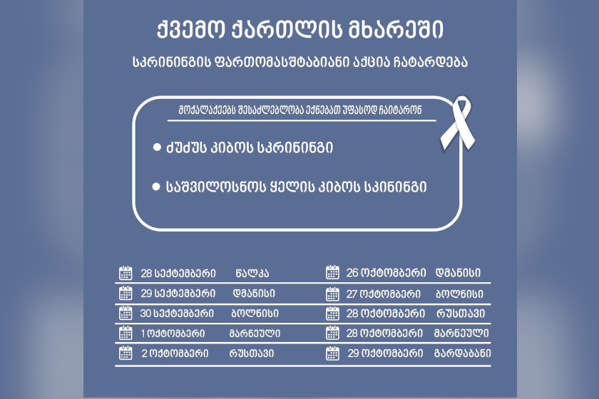 ქვემო ქართლის მხარეში, „დაავადებათა ადრეული გამოვლენისა და სკრინინგის“ სახელმწიფო პროგრამის ფარგლებში, მოსახლეობისთვის სკრინინგის ფართომასშტაბიანი აქცია იგეგმება