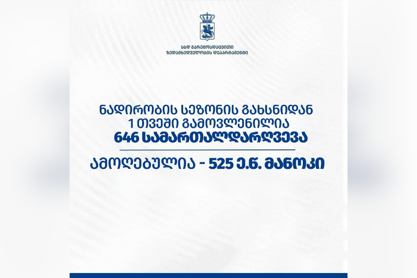 გარემოსდაცვითი ზედამხედველობის დეპარტამენტის თანამშრომლებმა ნადირობის სეზონის გახსნიდან 1 თვეში 646 სამართალდარღვევა გამოავლინეს